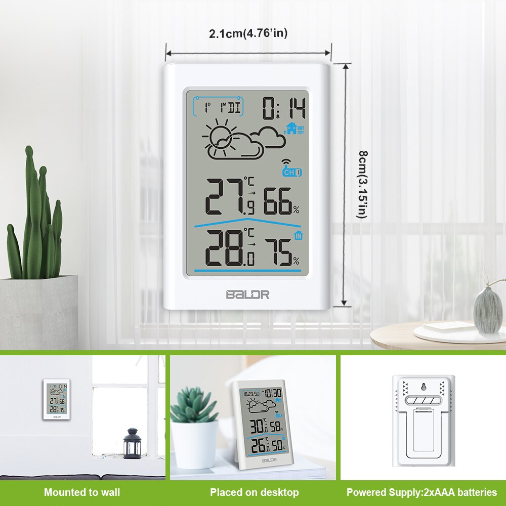 Baldr Digital Weather Station Hygrometer Thermometer Forecast Indoor Outdoor Sensor Thermo-hygrometer Alarm Clock