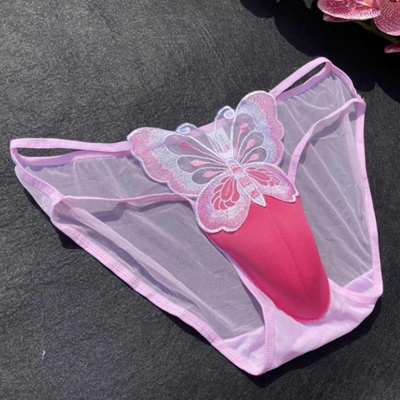 Sexy Men's Lace Underwear CD Cross-dressing Briefs Low-Waist Mesh Hollowed Transparent Butterfly Embroidery Underpants Underwear