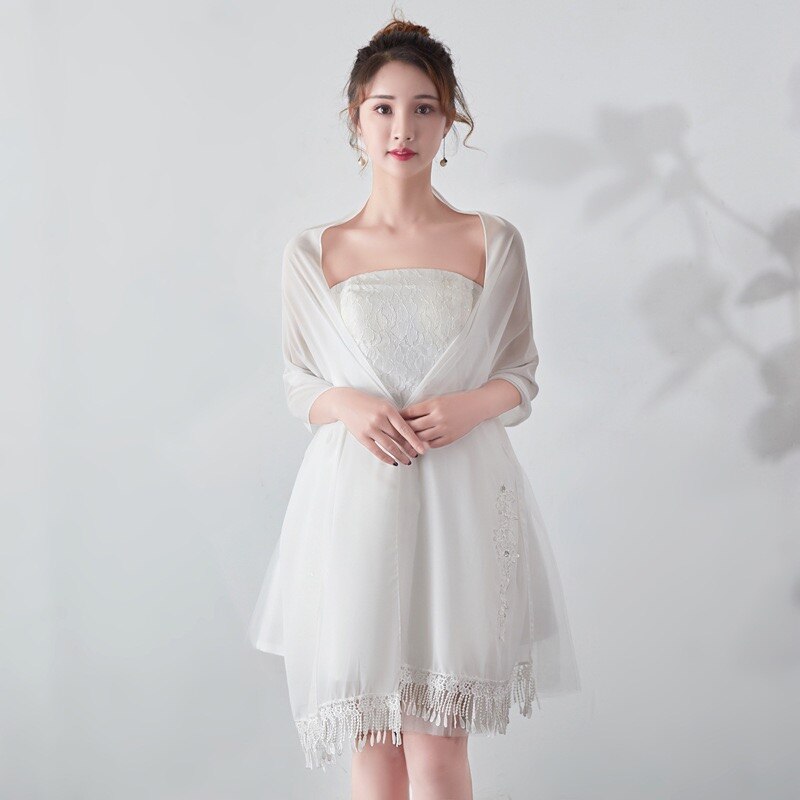 Longue mousseline de soie étole dentelle Appliques perlées robes de soirée châles de mariage enveloppes avec gland Capes de mariée fête: WHITE