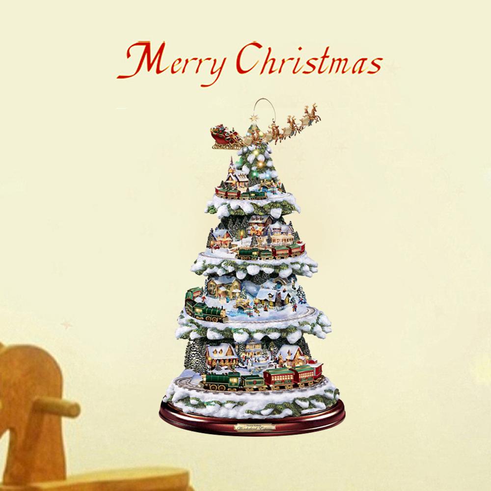 Christmas Tree Rotating Sculpture Train Decorations Paste Window Paste Stickers pegatinas paredes Christmas Decorations for Home