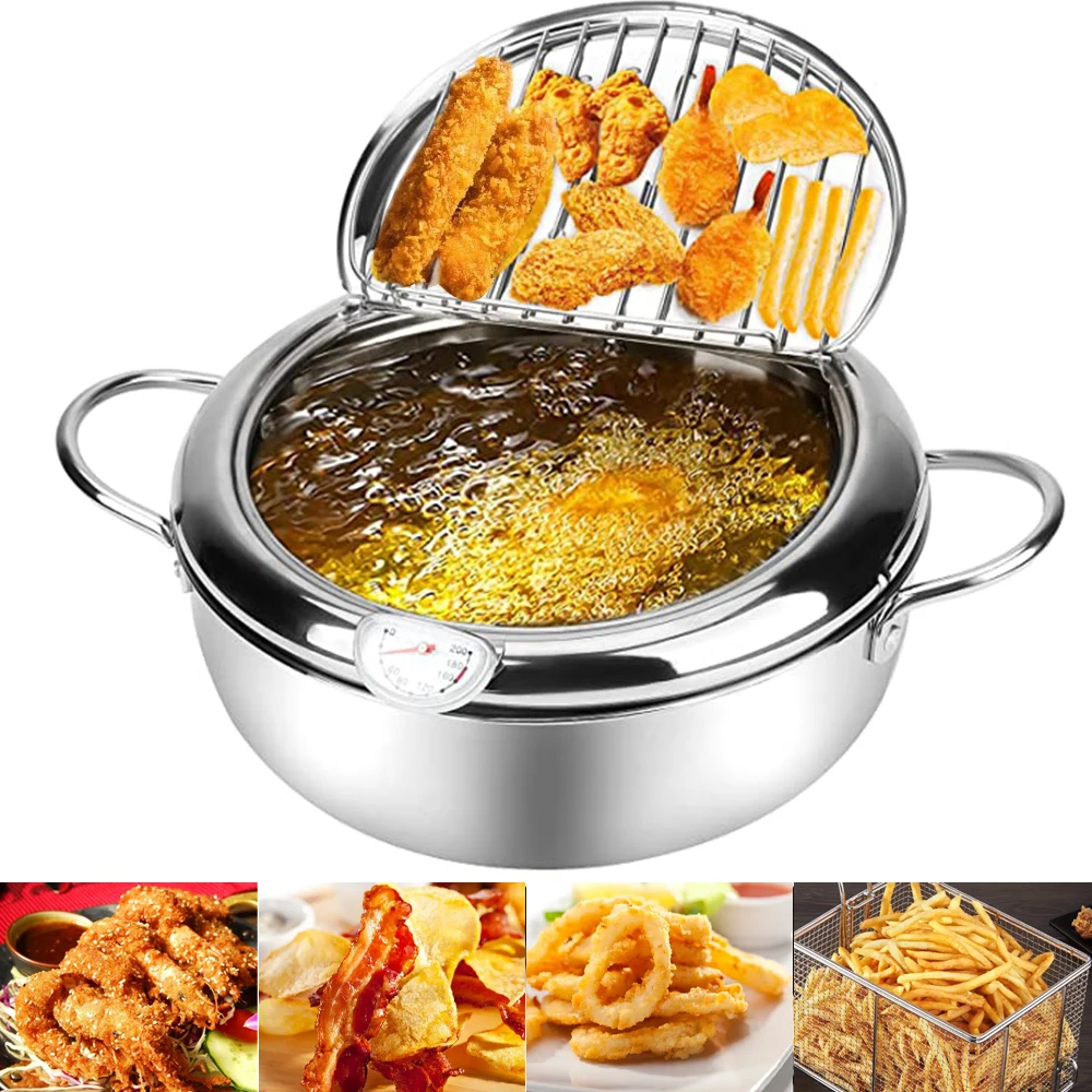 Japanse Friteuse Met Thermometer En Deksel 304 Rvs Keuken Tempura Friteuse Friteuse Friteuse Zonder Olie Koekenpan Friteuse