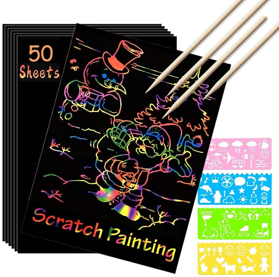 50 Pcs Rainbow Magic Scratch Papier Kit Voor Kids Black Krabben Off Art Ambachten Notities Met 5 Houten Stylus en 4 Stencils Diy