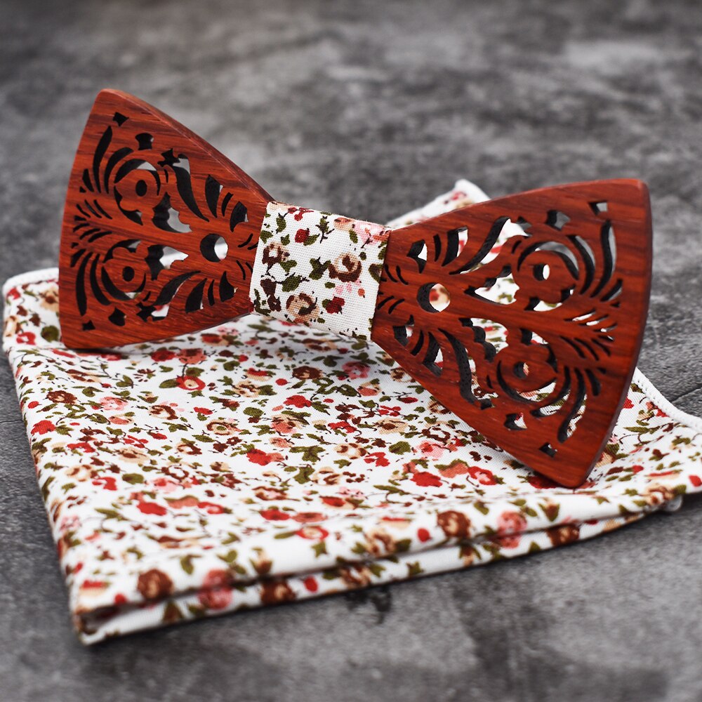 MAHOOSIVE Man Wooden Bow Tie Set for Wedding Suit Wood Bowties Handkerchief pocket square Set Gravatas Slim Shirt Ties for men