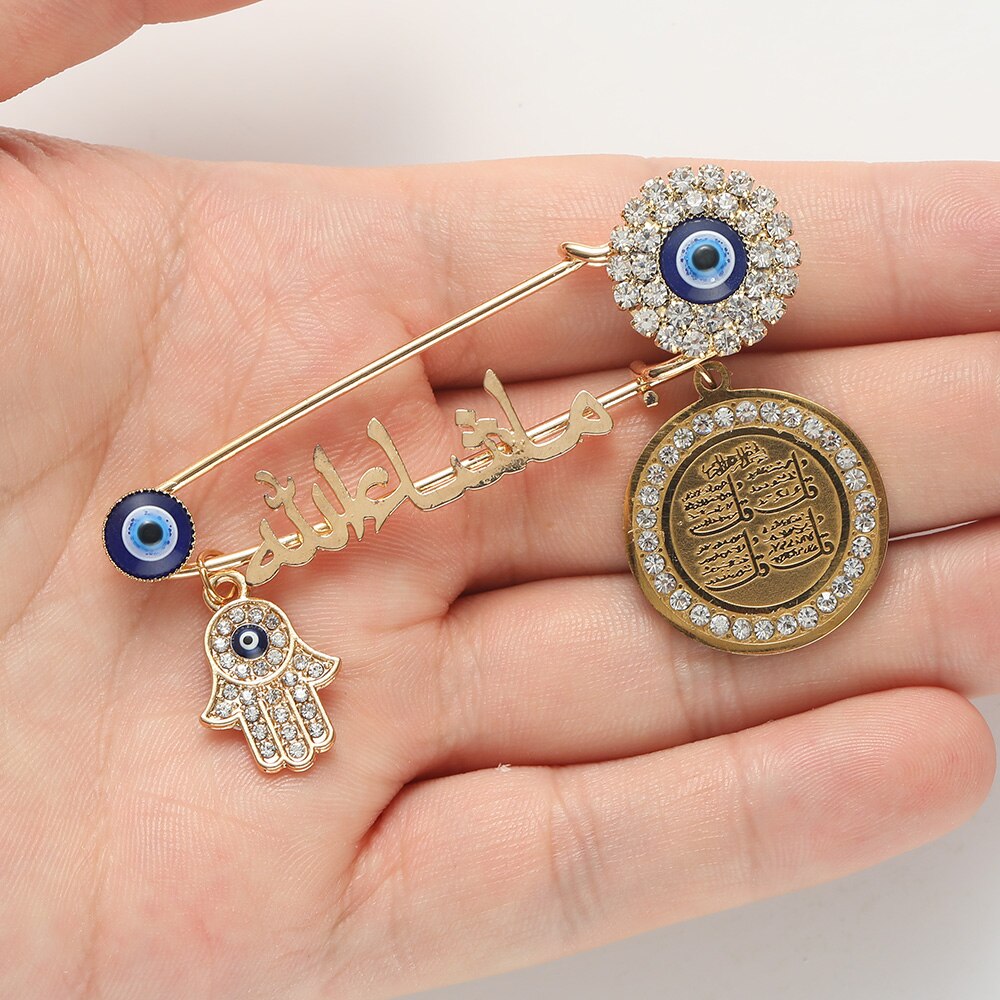 Koran Moslim Islam Mashallah In Arabisch Vier Qul Suras Hamsa Hand Van Fatima Turkse Evil Eye Broche Pins