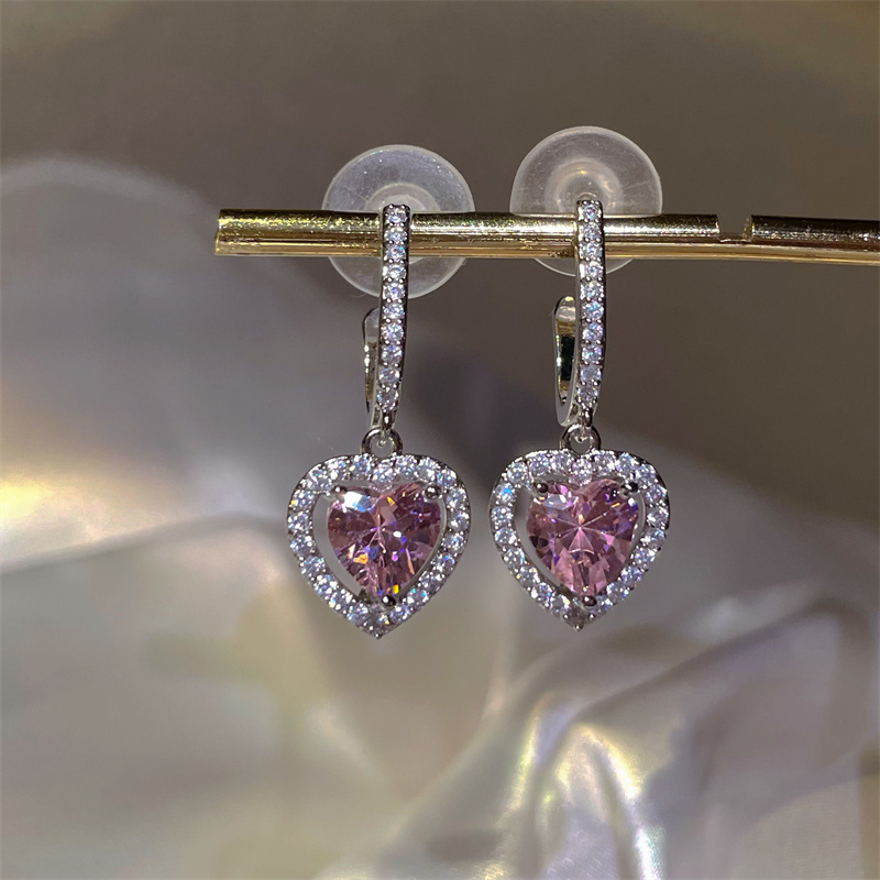 Korean Pink Pendant Earrings Princess Full Rhinestone Bow Love Heart Earrings Women's Wedding Aesthetic Jewelry: ROSE GOLD COLOR