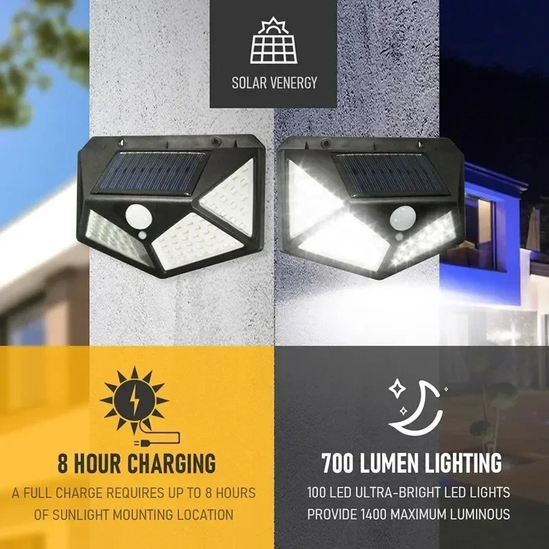 2 STKS 100 LED Warm Wit Solar Wandlamp 4 Zijden Lichtgevend met Bewegingssensor Outdoor Tuin Binnenplaats Waterdichte Wandlamp