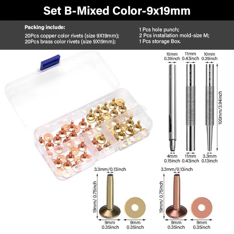 WUTA 43 Pcs Pure Copper Rivets and Burrs,4 Sizes Set Solid Brass Studs Setting Tool for Belts Wallets Collars Leather DIY Craft: Antique Copper