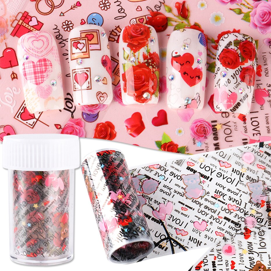 Nail Folie Decals Manicure Rose Bloem Hart Lijm Transfer Stickers Volledige Wraps Polish Sliders Tips Nail Art Decoratie TRB109