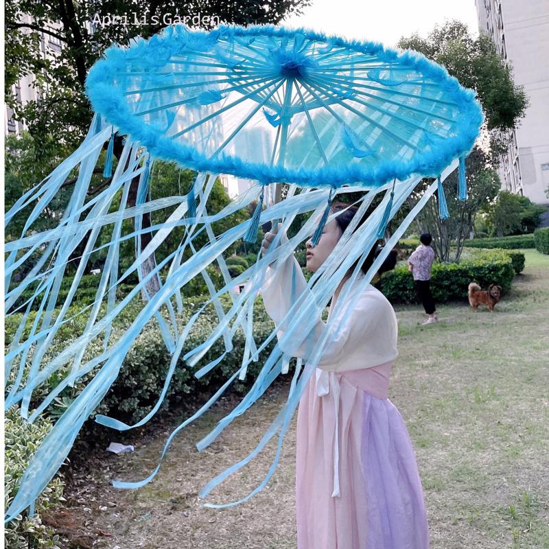 82cm hanfu cospaly blau geöltes Papier Regenschirm Frauen Fotografie Requisit Band antike Quasten Regenschirm Fan Paraguas Sonnenschirm