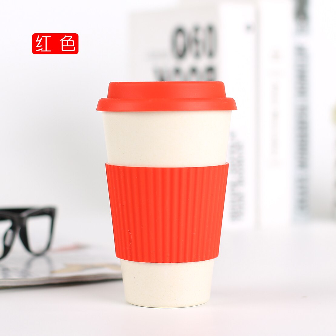 12OZ Eco-friendly Bamboo Fiber coffee Cup mugs coffee tumbler water bottle with cup cover: red