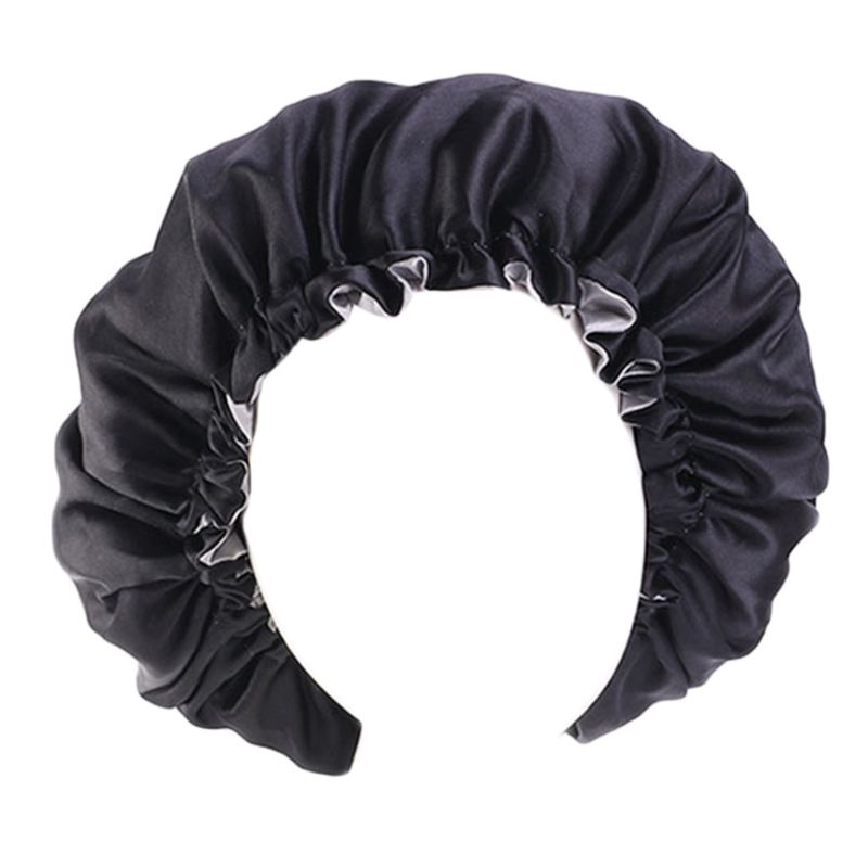 Nachtslaapmuts, zijden bonnet voor dames en meisjes, haarbonnet om te slapen, brede band, bloemenprint, satijnen bonnethaarverzorging, slaaphoofddeksel, elastische hoed, haarbonnet zwart, Zwart, Eén