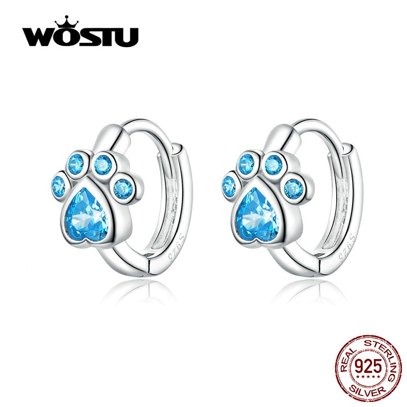 WOSTU Dog Paw Footprint Hoop Earrings 100% 925 Sterling Silver Blue Zircon Wedding Engagement Earrings For Women Jewelry CQE670