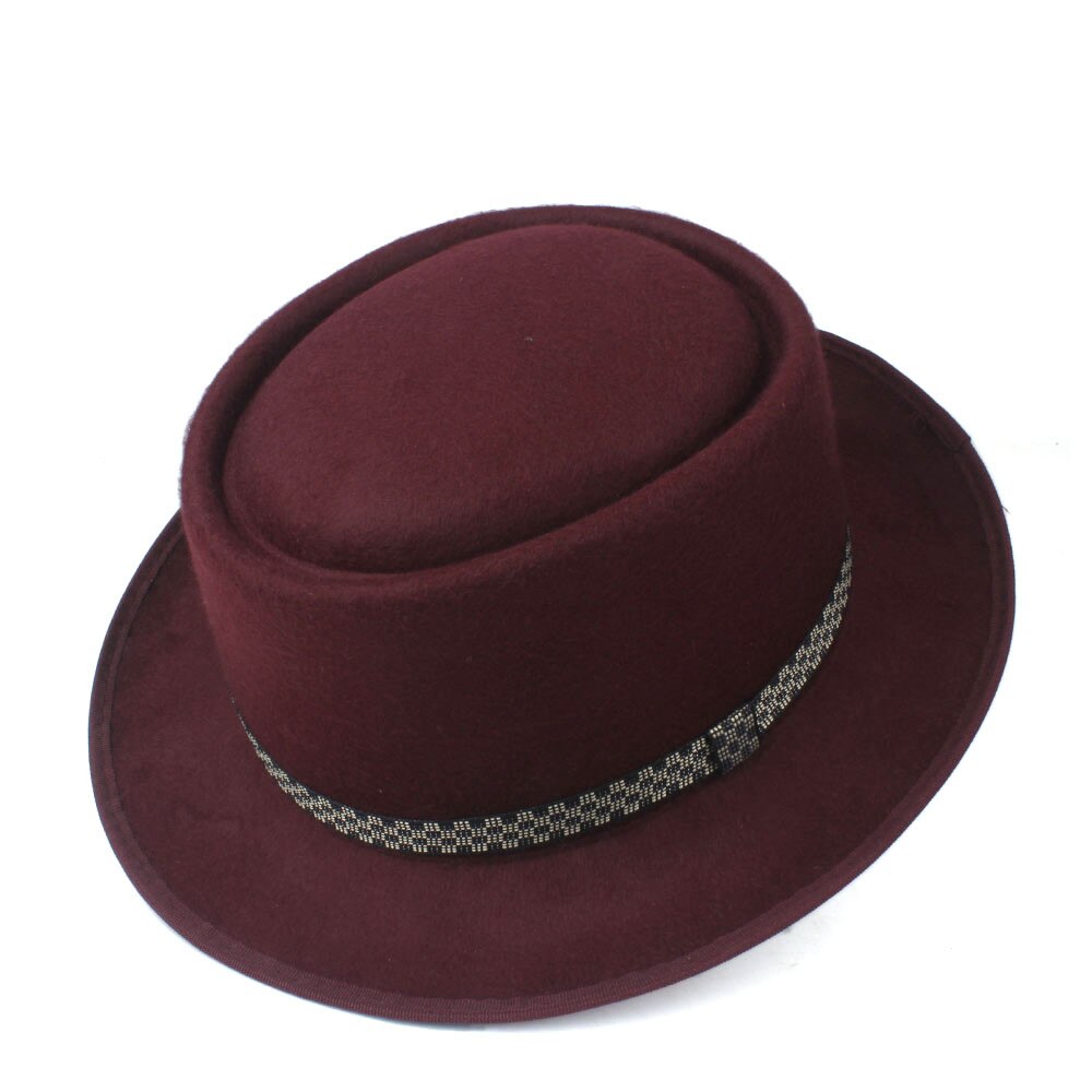 Men's Women's Pork Pie Hat Wool Flat Fedora Hat Pop Jazz Church Hat Size 58CM: Wine Red