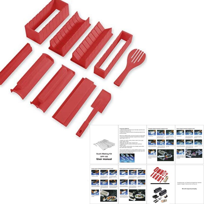 3/10/11Pcs/Set Sushi Maker Equipment Kit,Japanese Rice Ball Cake Roll Mold Sushi Multifunctional Mould Making Sushi Tools: 10Pcs-Red