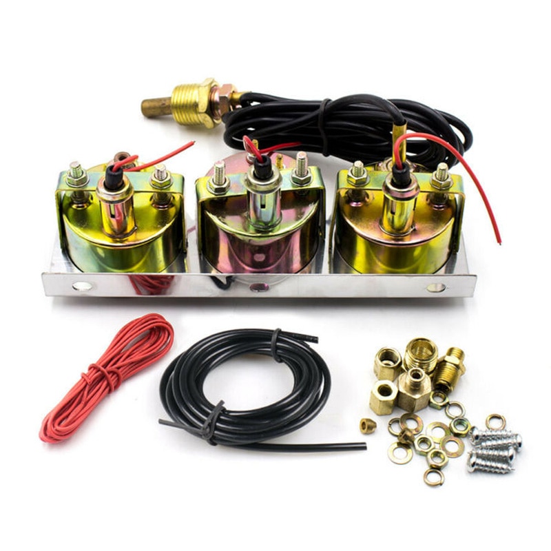 Chrome Auto Triple Gauge Set Kit AMP Meter Water Temp Oliedruk 3 In1