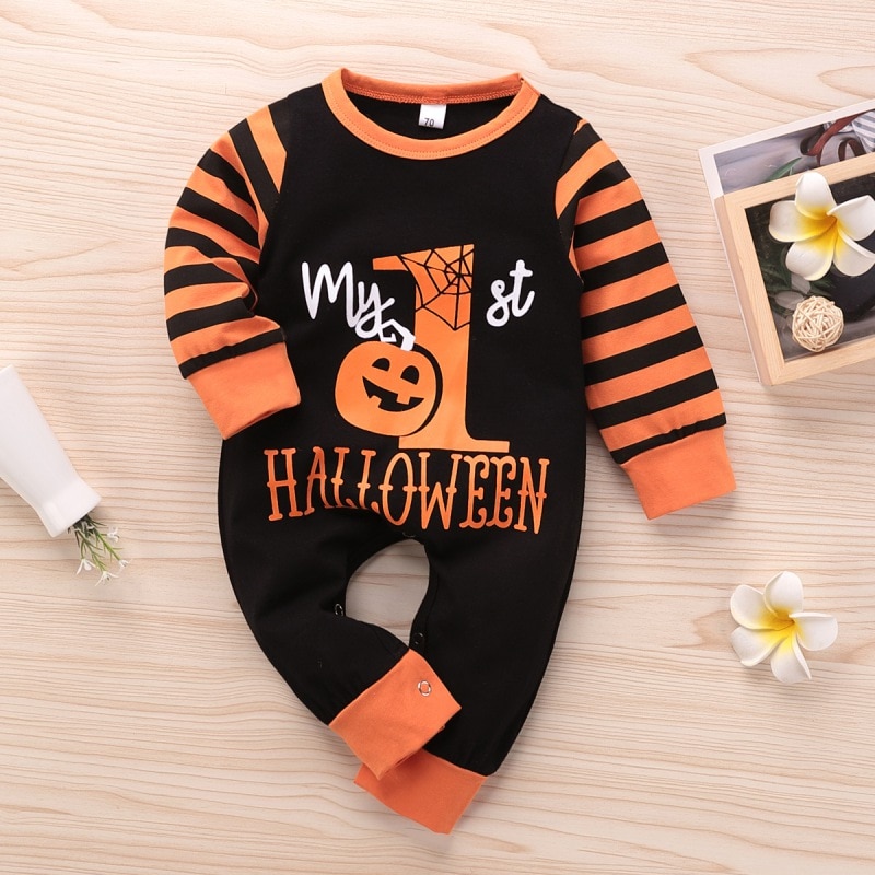 Pasgeboren Halloween Jumpsuit Baby Boy Meisje Romper Mijn Eerste Halloween Brief Print Jumpsuit Baby Streep Mouw Rompertjes