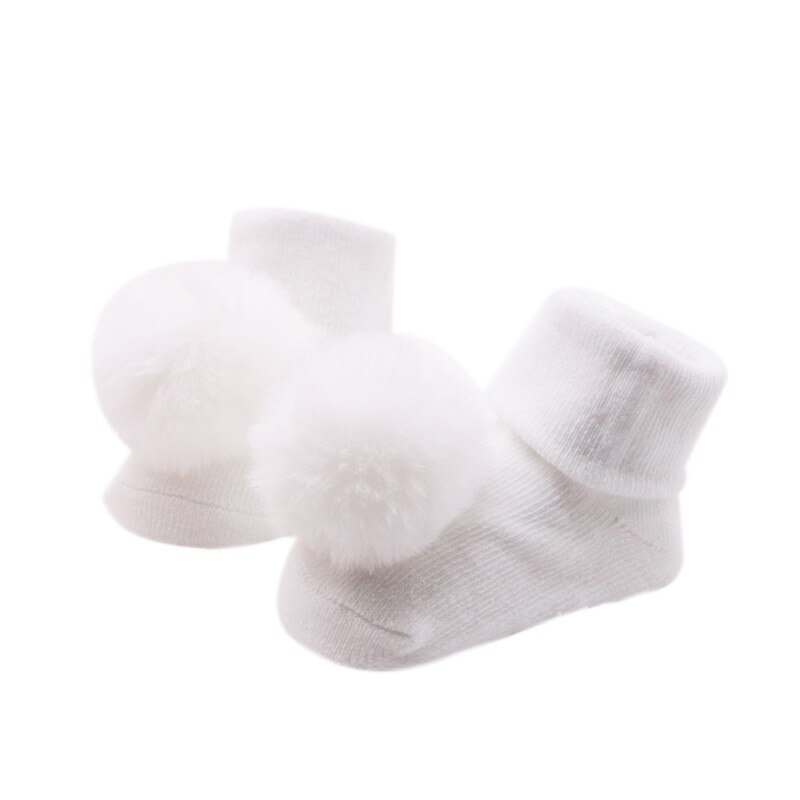 Cute Pompom Baby Socks Warm Solid Baby Girl Boy Socks Infant Toddler Anti Slip Floor Socks Kids Socks for 0-18Month: White