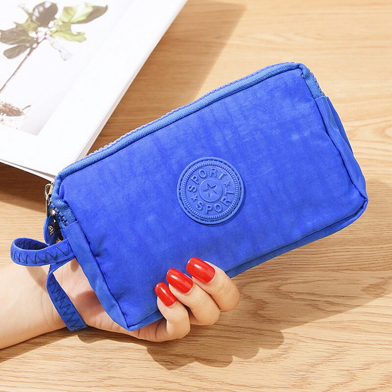 Nueva cartera de lona para mujer, bolso de teléfono móvil informal de Color sólido, bolsa de mano Horizontal con cremallera de tres capas, billeteras estándar para mujer: Azul