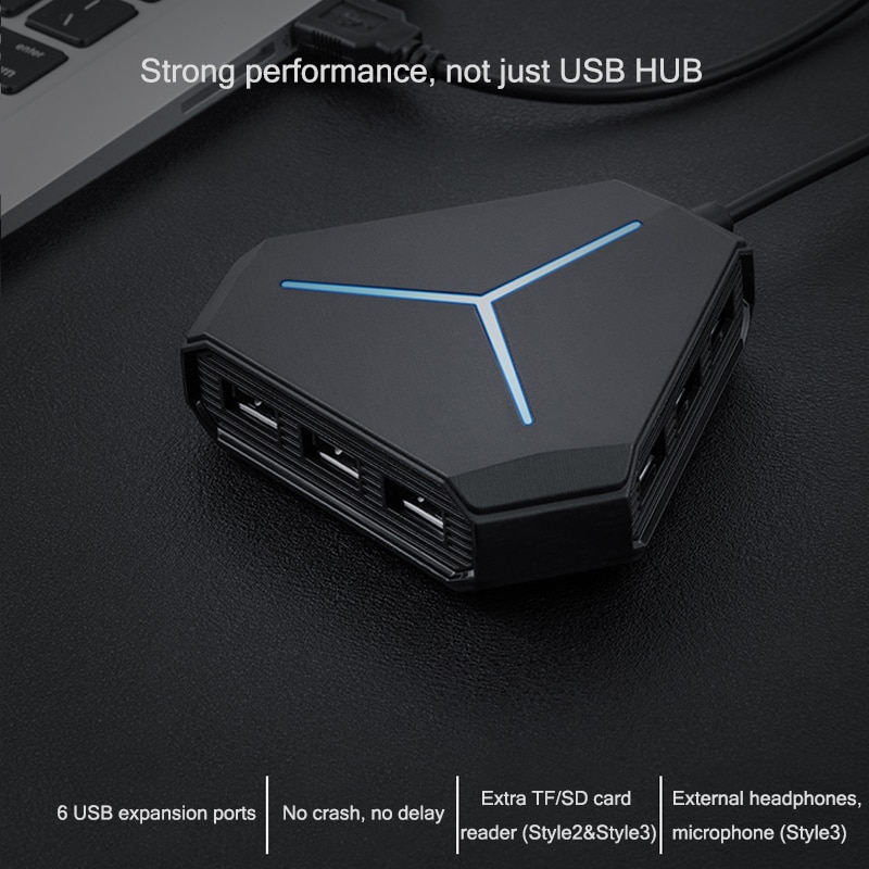 6 Port USB Hub 1m Cable Splitter With TF SD Card Reader Mic AUX Cool Light Charging USB 2.0 Hab for Compter USB Combo