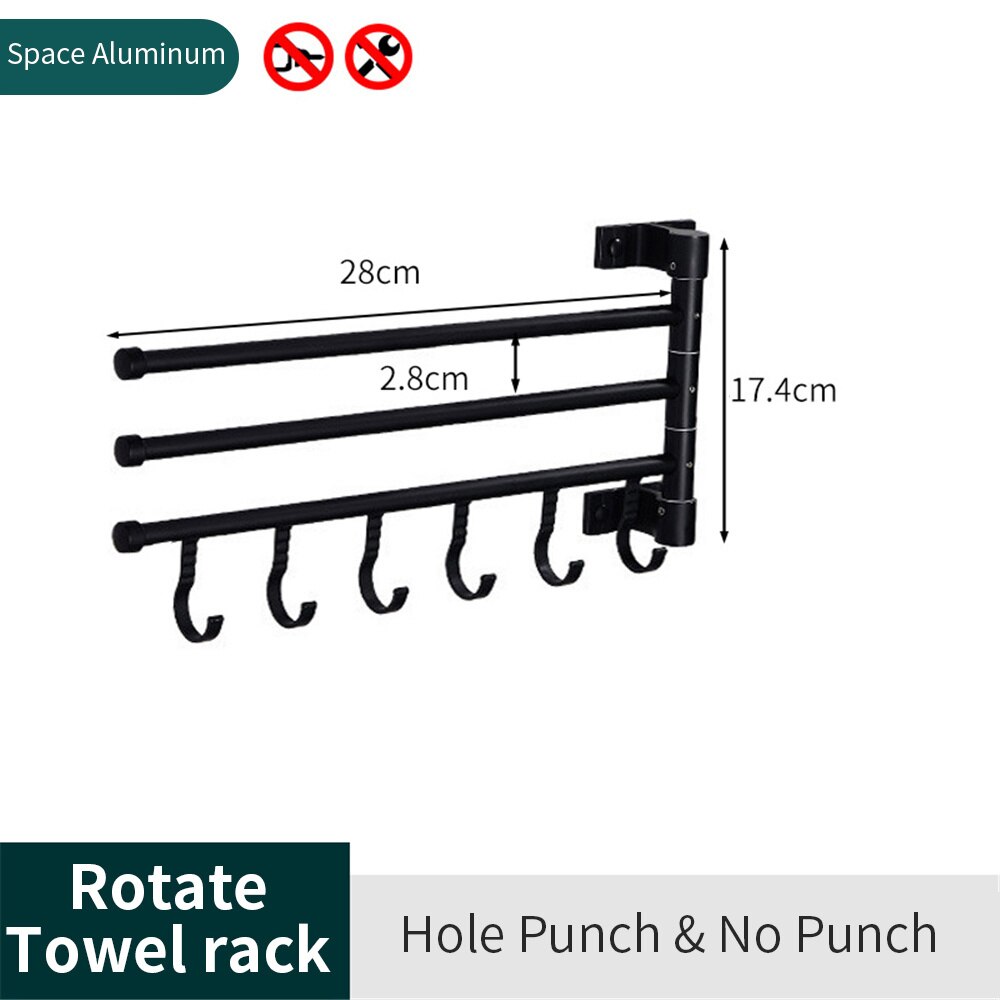 180° Swivel Towel Bar Bathroom Wall Mounted Removable Towels Storage Rack Punch-free Strong Load-bearing Laundry Drying Shelves: 3 pole with hook