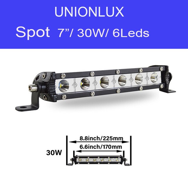 Barra de luz LED delgada de una hilera, 7/13/20/25/32/38 pulgadas, 120W, 150W, 180W, todoterreno, para camión, SUV, ATV, 12V, 24V: 7inch 30W Spot