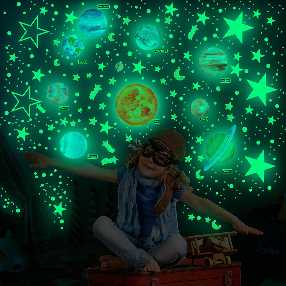Green Light Solar System Planet Luminous Stickers Kids Baby Room Decoration Glowing Stars Decor Decals Glow in the Dark Stickers