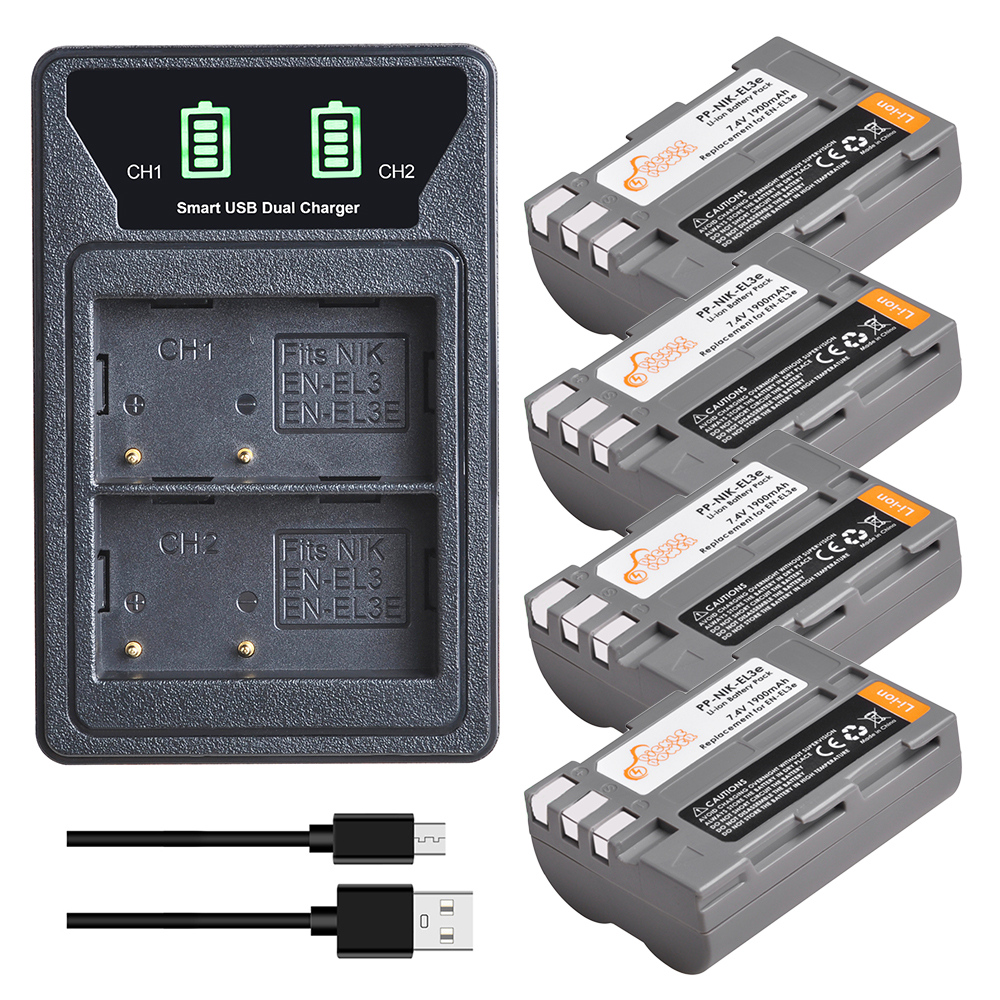 EN-EL3e EN-EL3 EL3e Battery + LED Built-in USB Dual Charger with Type C Port for Nikon D50 D70 D80 D90 D100 D200 D300 D300S D700: 4 battery 1 charger