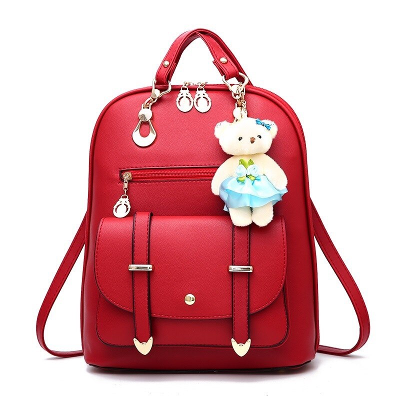 DIOMO Women Backpack Casual Cute for Girl School Bag Pu Leather Bear Pendant Multi-color Optional: Red