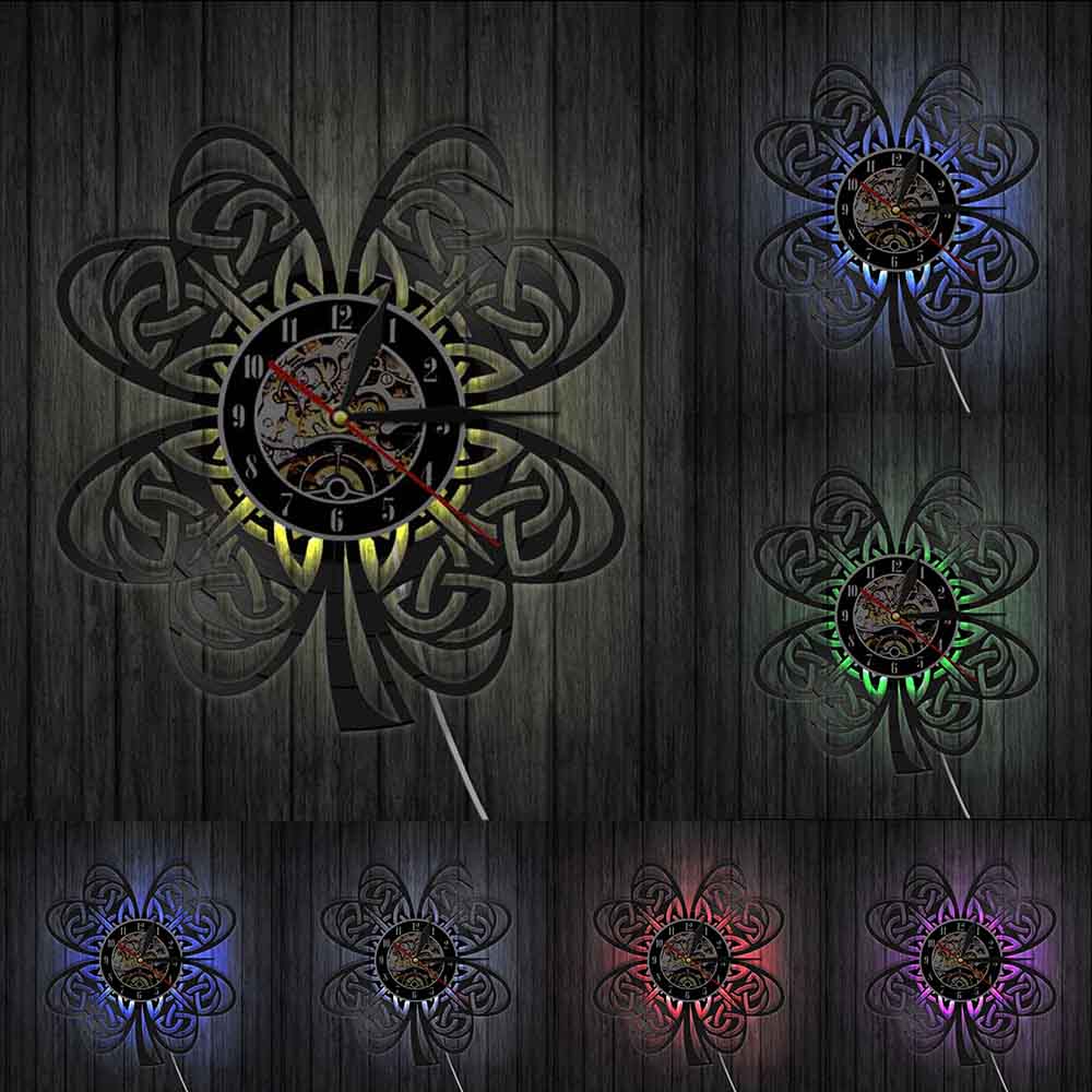 Charms Lucky Irish Four Leaf Clover Modern Wall Clock Fortune Shamrock LED Wall Lamp For Favors Festive St.Patrick Day: With Led