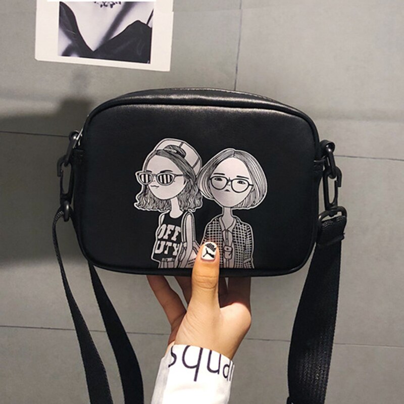 Kvinder tegneserie tryk små firkantede vilde skuldertasker personlighed pu læder messenger taske kvindelige crossbody tasker