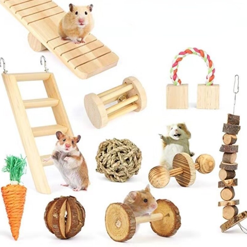 Leuke Natuurlijke Houten Konijnen Speelgoed Grenen Dumbells Eenwieler Bell Roller Kauwen Speelgoed Voor Cavia Rat Kleine Huisdier Molars Levert