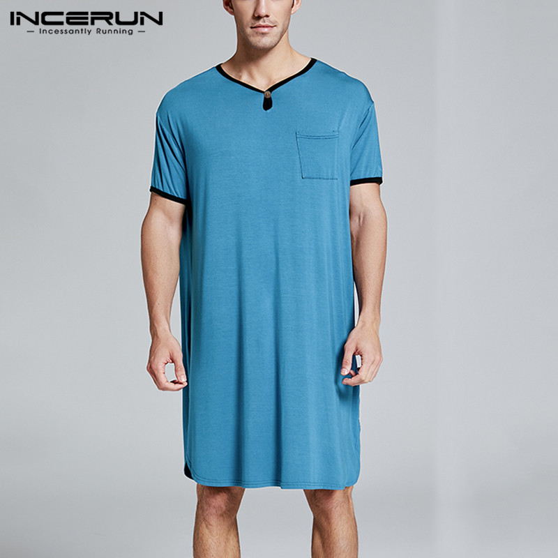 INCERUN Men Sleep Tops Short Sleeve Breathable Long Tops Summer Loose Casual V Neck Men Sleepwear Homewear S-5XL