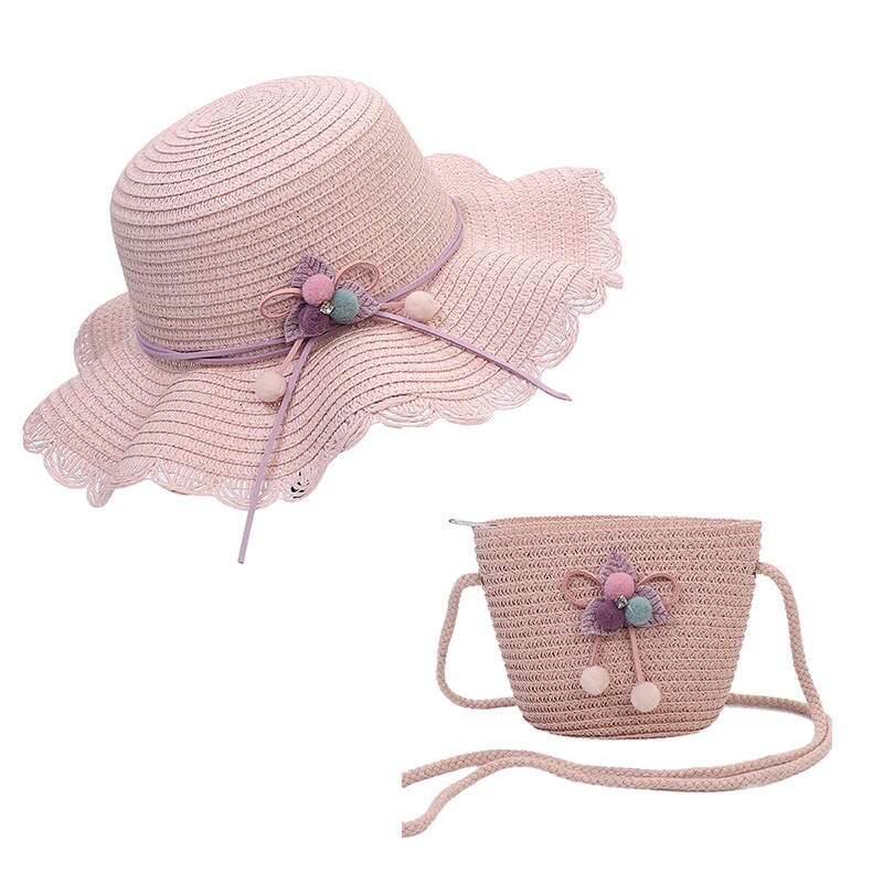 Zomer Reis Stro Hoed Voor Meisjes Prinses Kids Kind Geweven Rand Bloemen Zonnehoed En Tas Sets Voor Outdoor