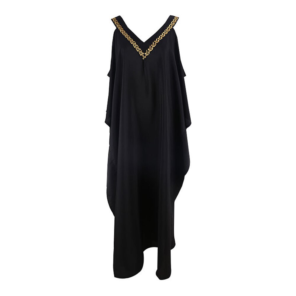 Zwart V-hals Beach Cover Up Vrouwen Oversize Kaftan Off De Schouder Lange Strand Jurk Gewaad Plage Borduurwerk Beachwear Tuniek