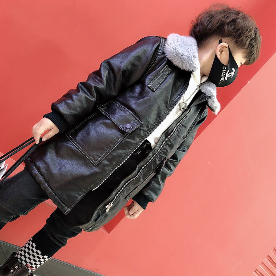 Kids Coats Boys Autumn Winter Black Color Jacket Coats Fur Collar Warm Faux Leather Thicken Outwear For 3 4 6 8 10 12 14Yrs