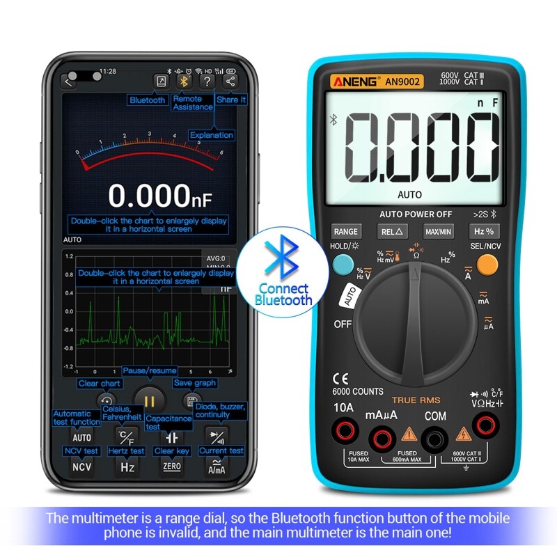 An9002 digitale true rms 6000 counts bluetooth multimeter ac/dc stroom/spanning tester auto-range multimeter