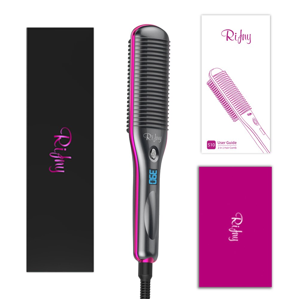 Hair Straightener Brush, Rifny Heated Straightening Comb with Anti Scald Auto Temperature Lock , 30S Fast Ceramic Heating: EU