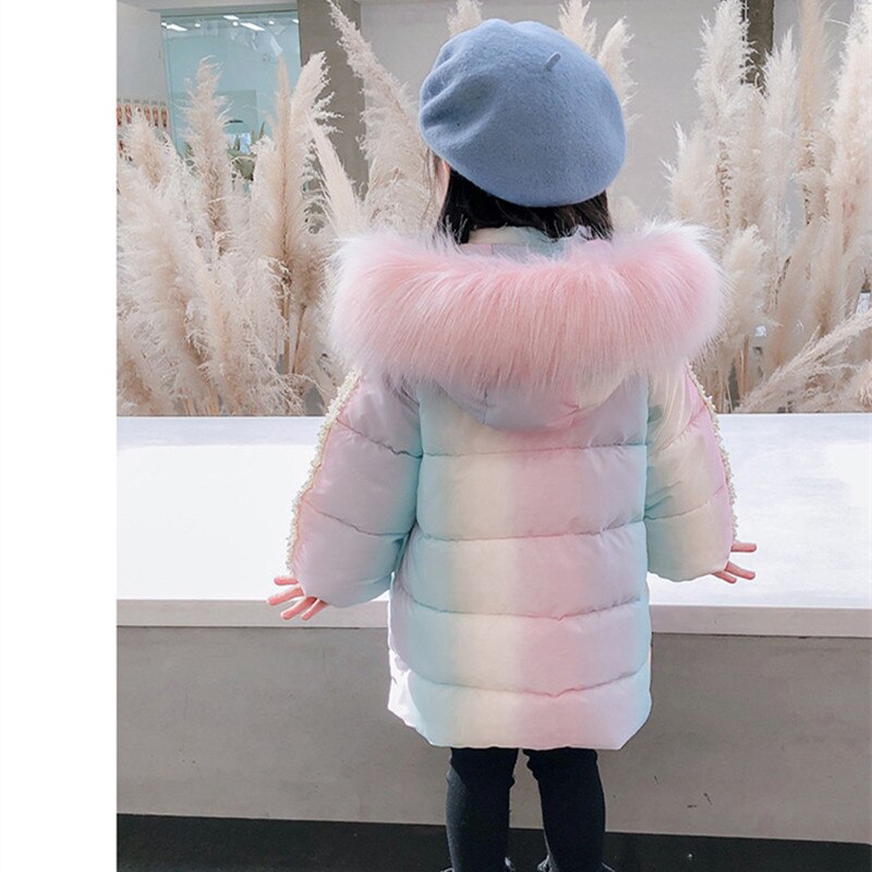 DFXD Children Girl Winter Long Rainbow Down Cotton Jacket Fur Collar Hooded Thicken Warm Kids Outwear Parka For 1-7Yrs