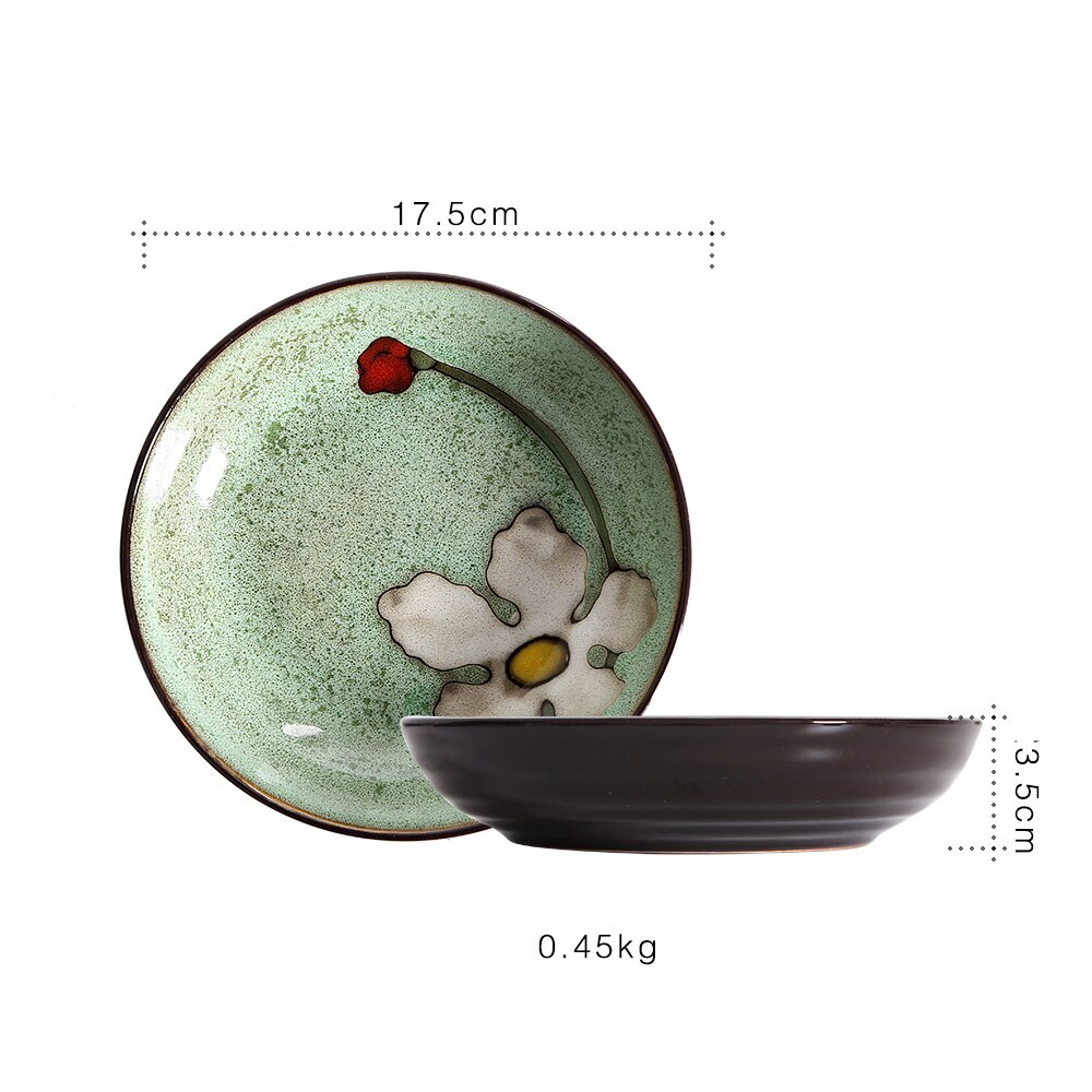 Kiln Glaze Japanese Ceramic Tableware Home Use Crockery Salad Bowl Spoon Steak Plate Set Dishes Hand Painted Floral Pattern: D