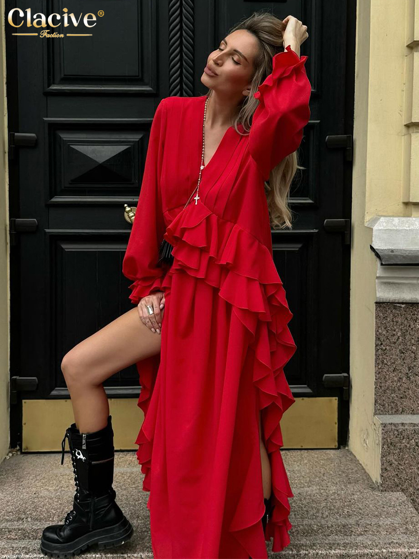 Clacive Mode Losse Rode Vrouwen Jurk 2024 Sexy V-hals Lange Mouw Enkellange Jurken Elegante Hoge Taille Ruches Jurk Vrouwelijke