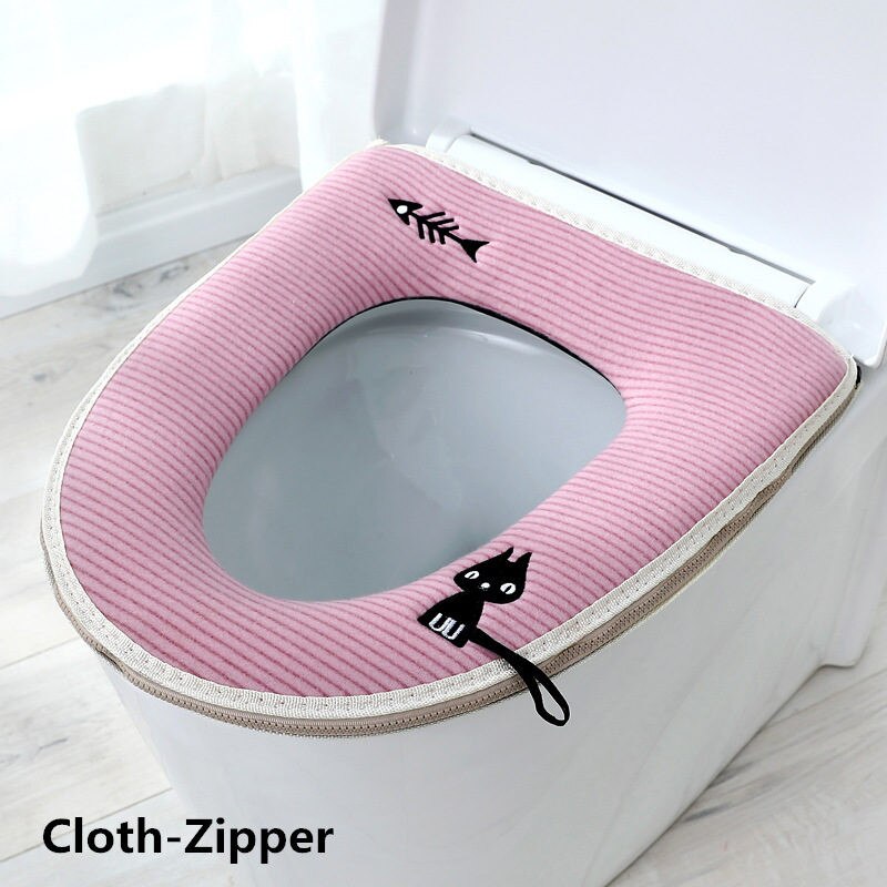 Home Four Seasons Toilet Cover Sitting Washer Washable Zipper Toilet Cover Universal Waterproof And Cute Toilet pad Plush/linen: zipper pink cat
