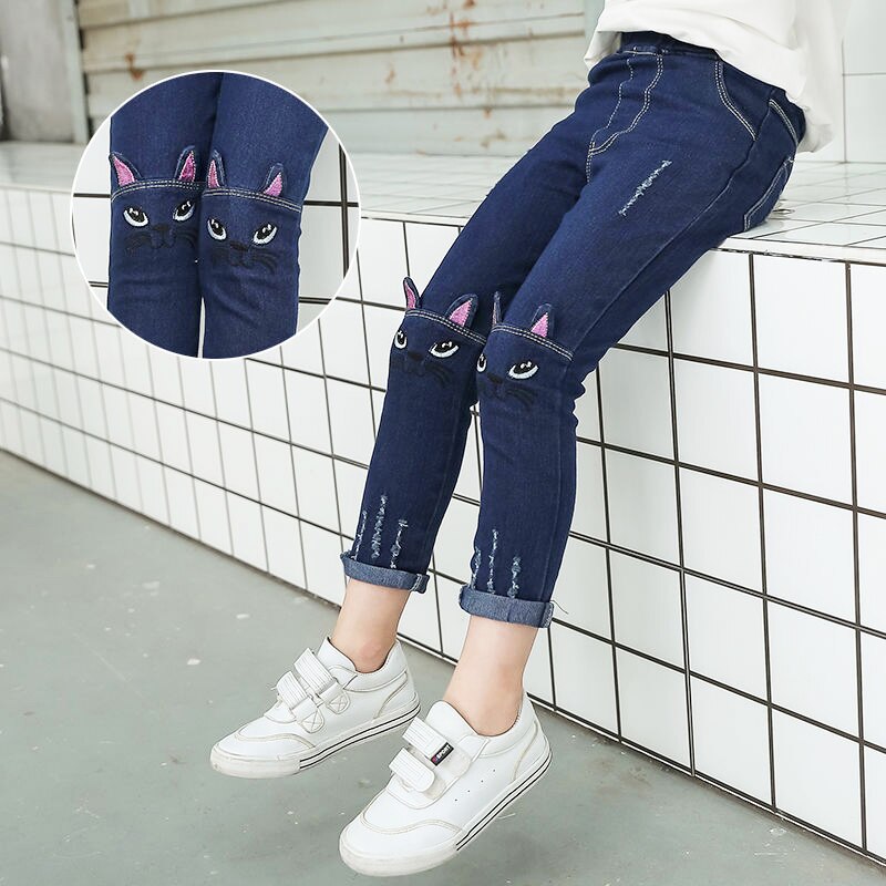 Pantalon en jean déchiré pour fille, vêtement décontracté, chat mignon, pour enfant de 2 à 12 ans, printemps et automne