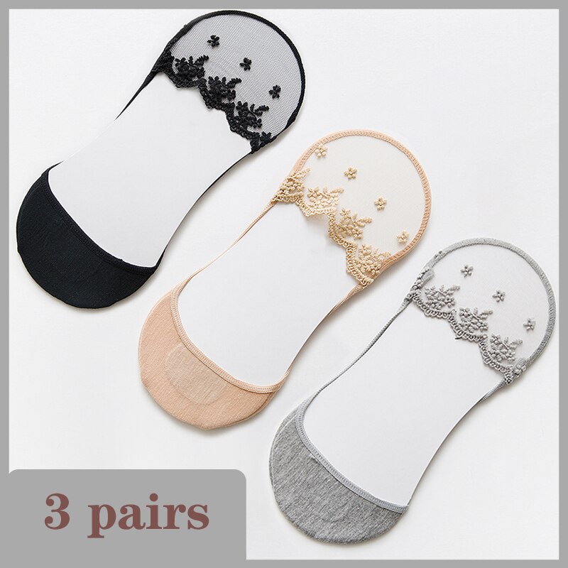 Lace Socks Women Summer Breathable High Heel Invisible Boat Socks Ankle Low Cut Sock Solid Embroidered Female Sox 3 Pairs: C