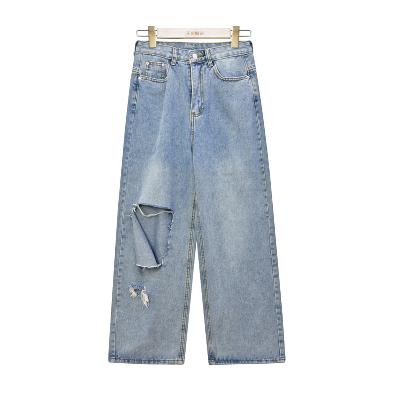 Pantalones vaqueros rasgados de cintura alta para mujer, ropa de talla grande, de pierna ancha, azul, holgados, Vintage, KZ169,