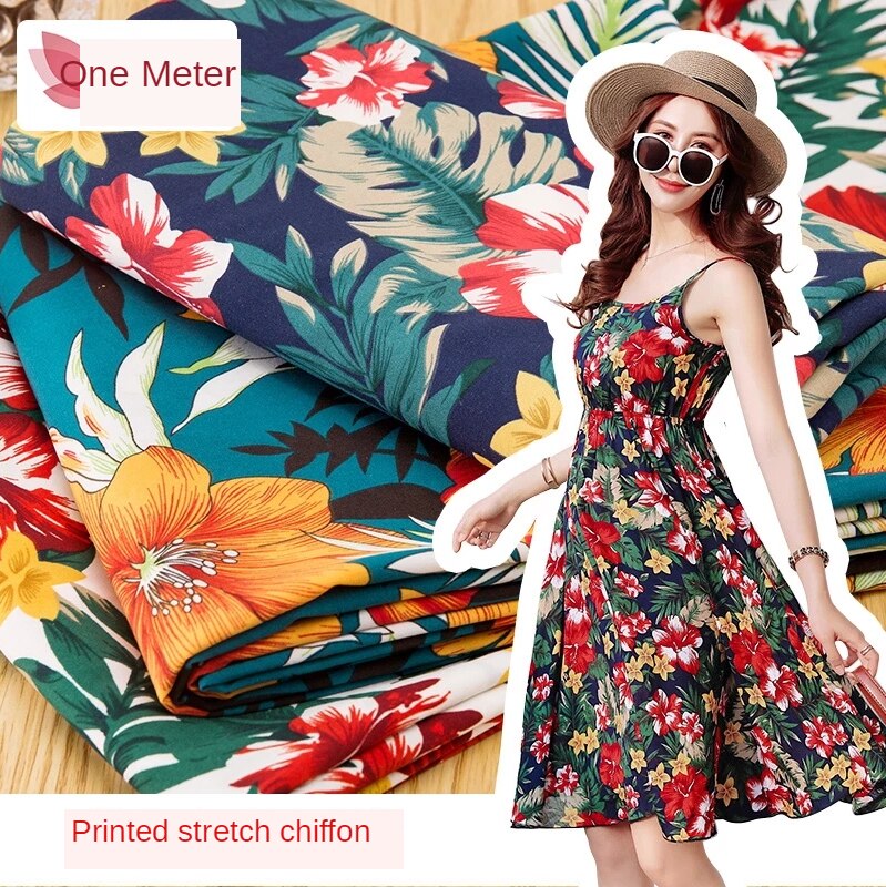 Micro Elastic Floral Chiffon Fabric By The Meter Impervious Printed Wave Point Dress Lining Shirt Sewing Diy Flowers Brocade