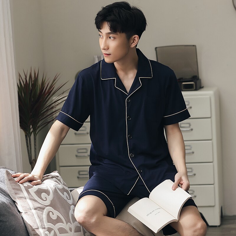 Sommar kort pyjamas för män 2 st korta ärmar nattkläder män mjuka marinblå nattkläder pjs night pijamas homme plus size l -4xl