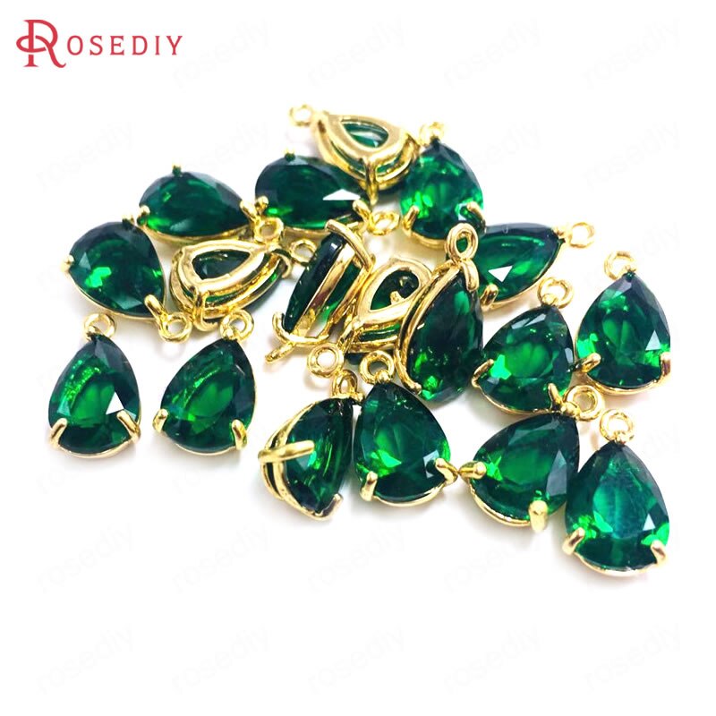 10PCS 7x10MM 24K Champagner Gold Farbe Messing und Glas Tear Form Charms Anhänger Schmuck machen Liefert Diy Zubehör: Deep Green