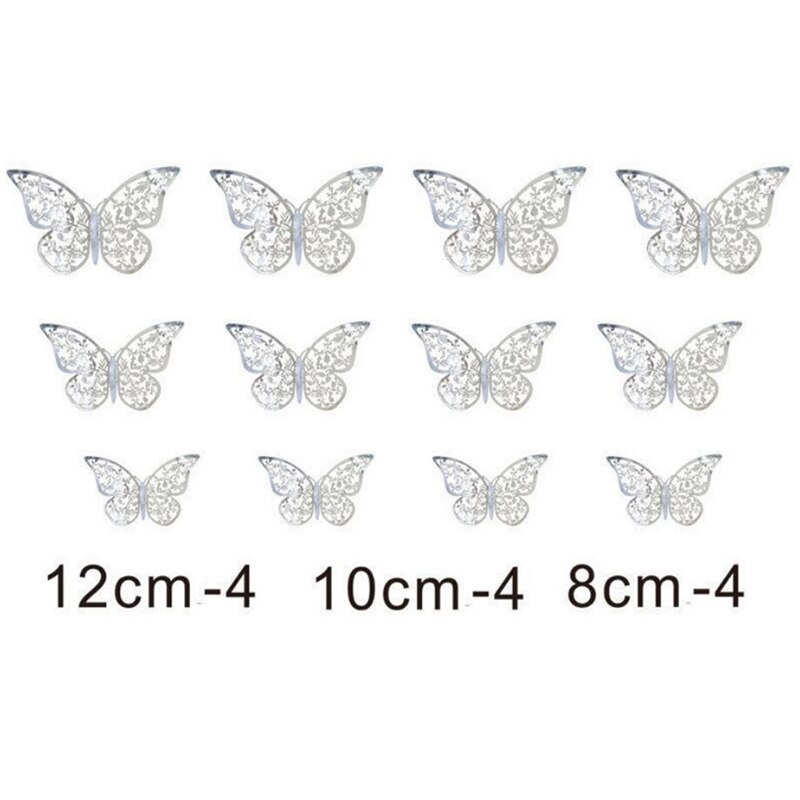 12pcs Multicolor Double Layer Wings 3D Butterfly Wall Sticker Magnet PVC Butterflies Party Kids Bedroom Fridge Decor: C silver