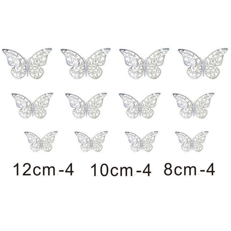 Alas de doble capa Multicolor 3D, adhesivo para pared de mariposa, imán de PVC, mariposas, , dormitorio, decoración de nevera, 12 Uds.: C silver