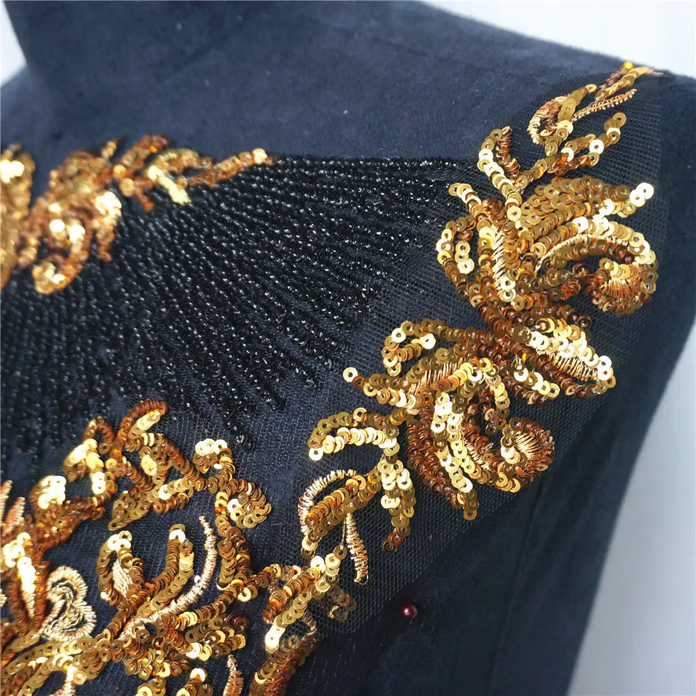 1 sæt sort tyl guld pailletter broderi blonde stof kvast royal noble brudekjole applikation patch krave kjole diy